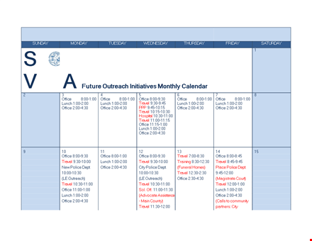 office outreach: monthly travel calendar template - lunch planning & more template