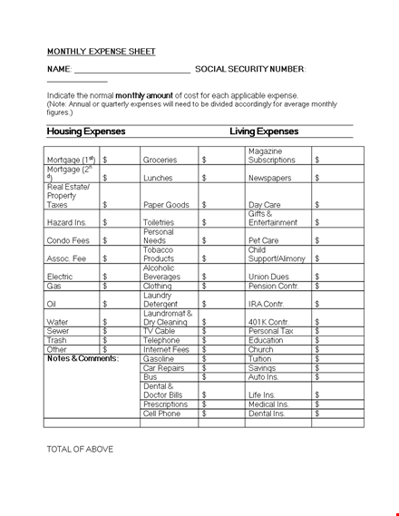 personal monthly expense sheet template