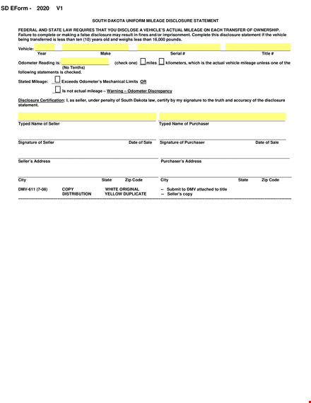 complete odometer disclosure statement for seller - vehicle mileage disclosure template