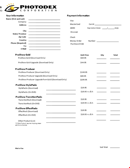 printable product order form template template