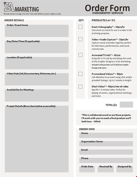 order form for event videography | samarketing videography template