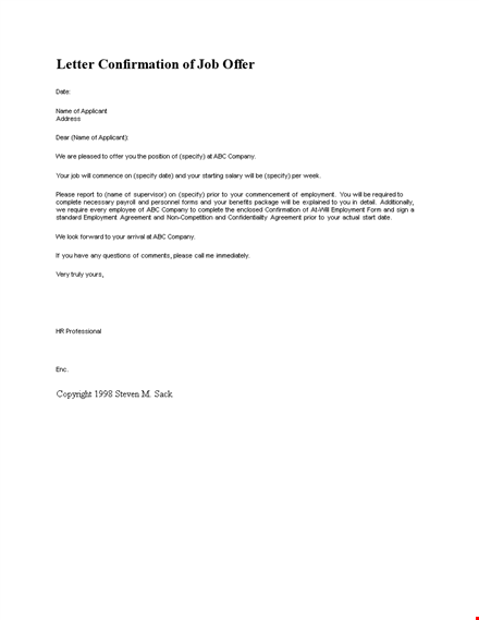 letter confirmation of job offer in doc template