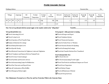 weekly generator test log template