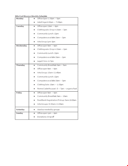 office weekly schedule template template