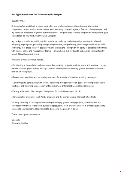 job application letter for trainee graphic designer template