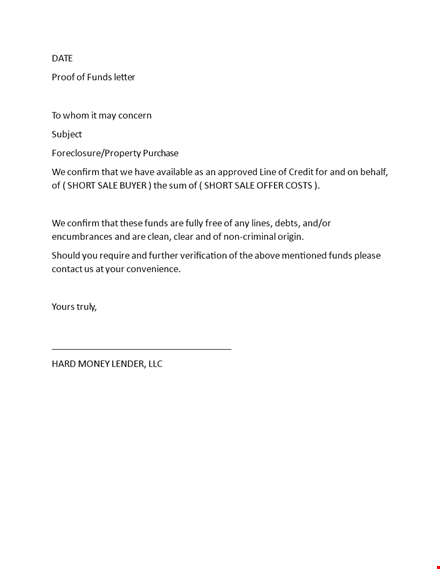 proof of funds letter template - short, validating available funds template