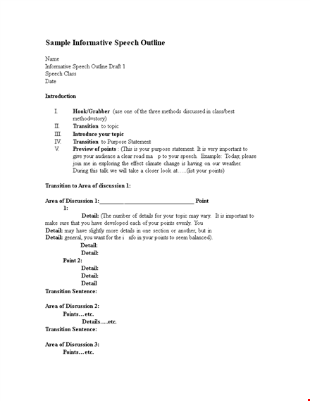 sample informative speech outline: key points, discussion, and transition template