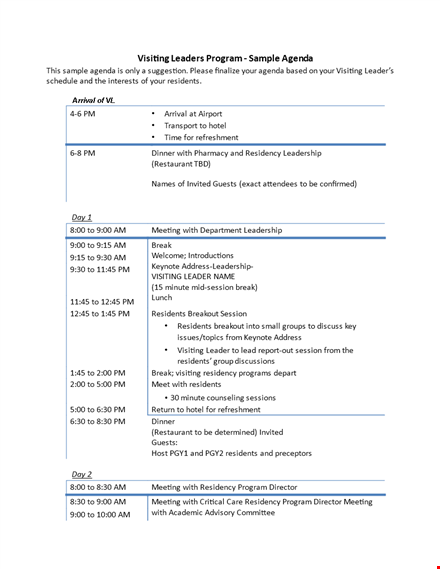 leadership program agenda: meeting, visiting, residency, residents template