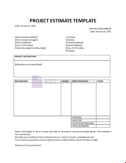 project estimate template template