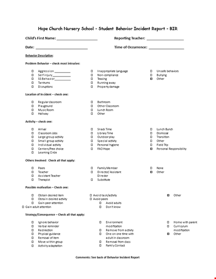 student behavior incident report template