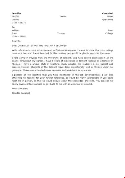 fresher lecturer resume cover letter template