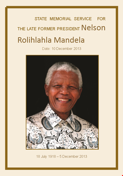 funeral memorial service program template for nelson mandela, south africa's president template