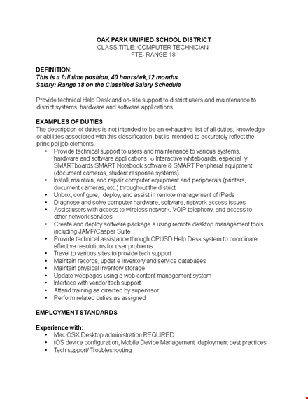 computer support technician job description template