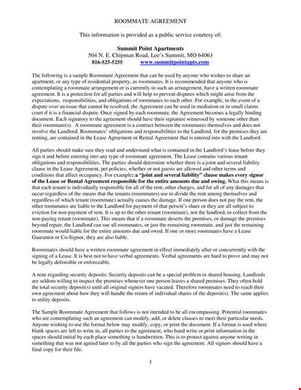 roommate rental agreement form in pdf template