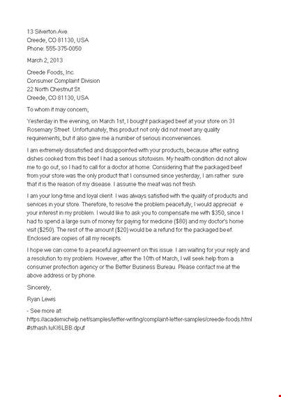 food product complaint letter - resolve issues with creede packaged food template