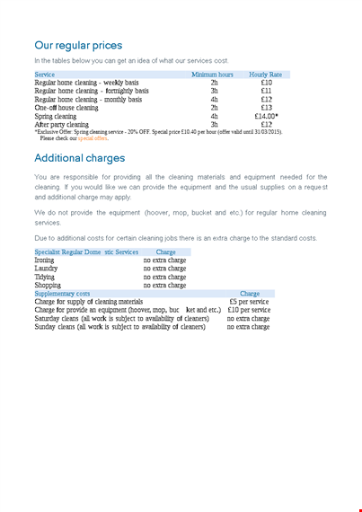 spring cleaning price list template