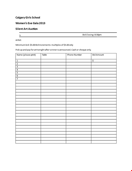 girls' night out: calgary silent auction bid sheet template