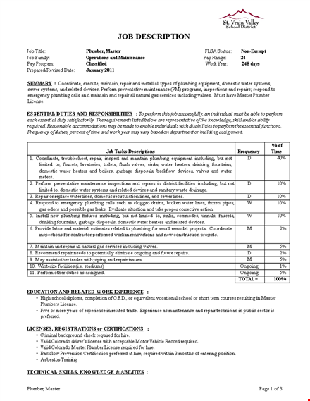 master plumber job description template