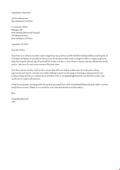 resignation letter due to relocation examples template