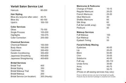 salon service list template template