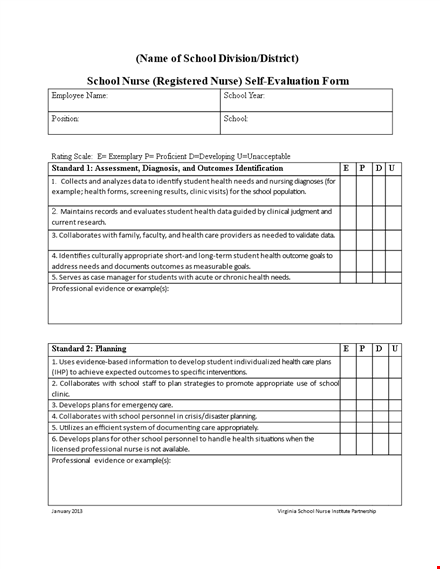 nurse self evaluation sample | school nurse administrator evaluation practice template