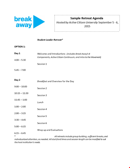 retreat agenda | program, session, break, retreat template