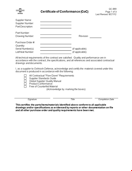 supplier certificate of conformance for drawing number - oshkosh requirements template