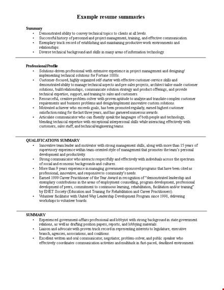 resume profile summary example template