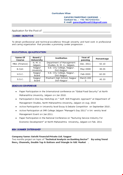 mba fresher professional resume template