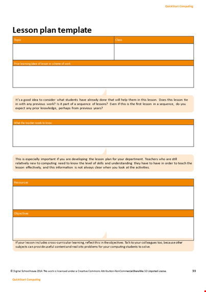 digital lesson plan template for computing - quickstart your objectives template