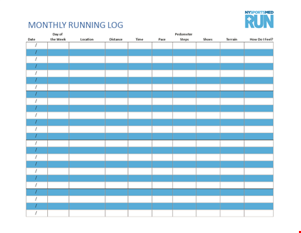 monthly running log template - track your runs and pedometer stats template