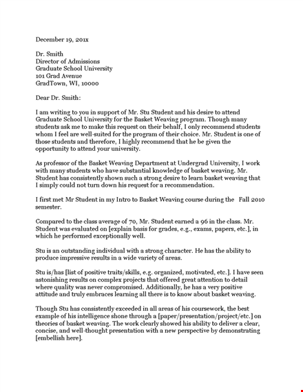 teacher recommendation letter template for a school student's basket weaving skills template