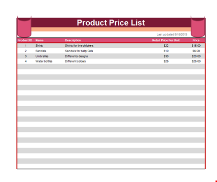 price list template - create a professional product and price list for shirts and sandals template