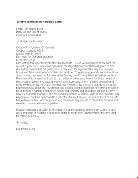 hardship letter template for canada - save your mother and brother from deportation template