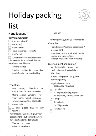 holiday packing checklist template