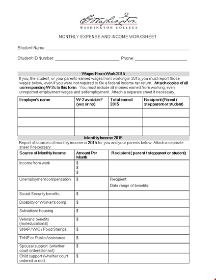 monthly expense & income worksheet template