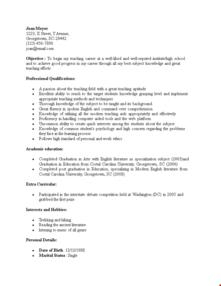 fresher teacher resume sample download template