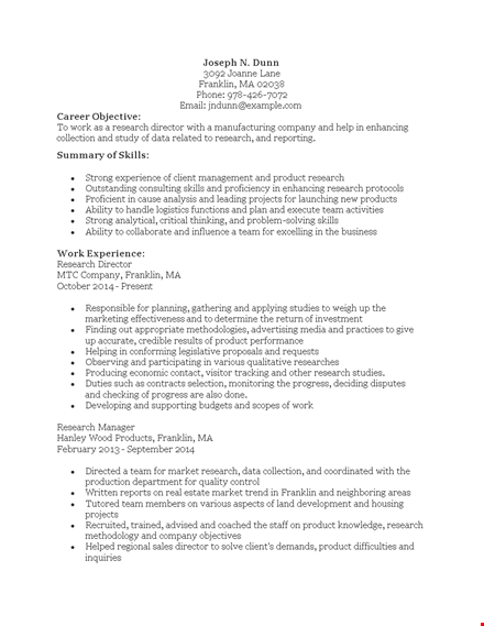 marketing research director resume template