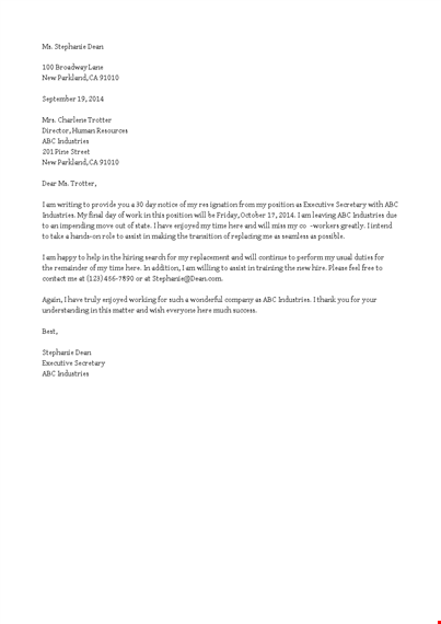 formal resignation letter with one month notice period template