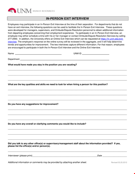 in person exit interview form template