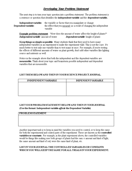 craft your perfect problem statement template | define independent & dependent variables template