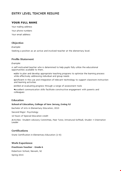 entry level teacher resume template