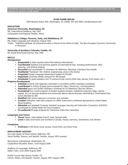 functional cv format for august, international students with skills in italian template