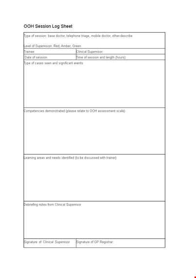 clinical supervisor session log sheet template