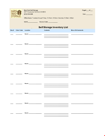 self storage inventory list template