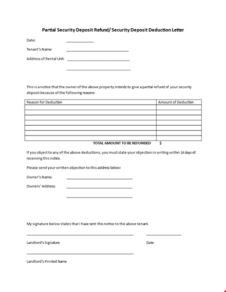 return letter for security deposit - notice, deduction, address, & deposit template