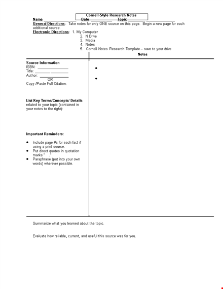 cornell style notes template microsoft word template