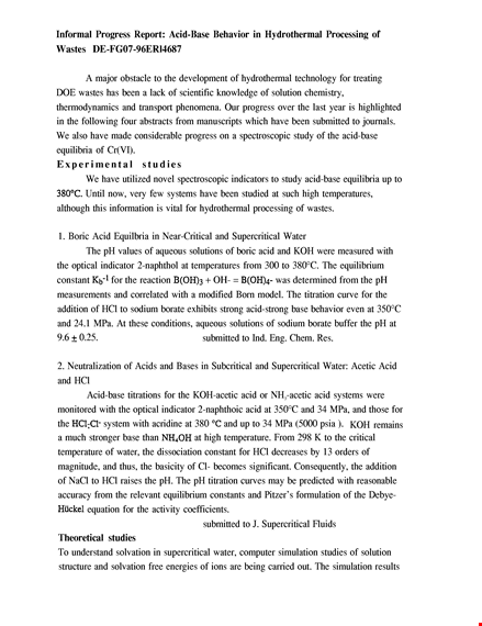 supercritical water model - informal progress report template