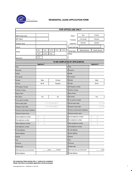 generic residential lease application template