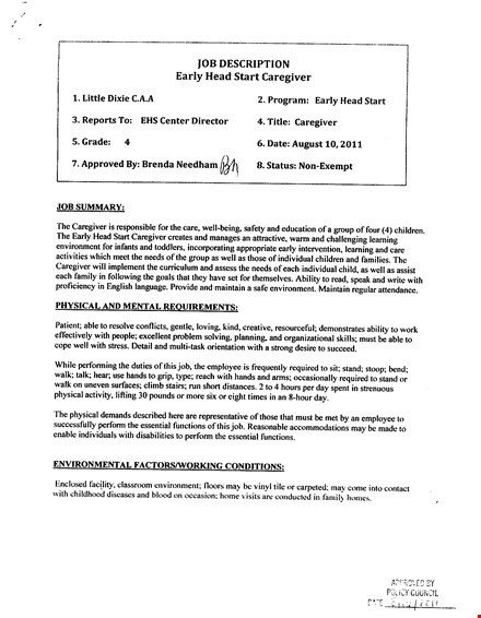 early head caregiver job description template